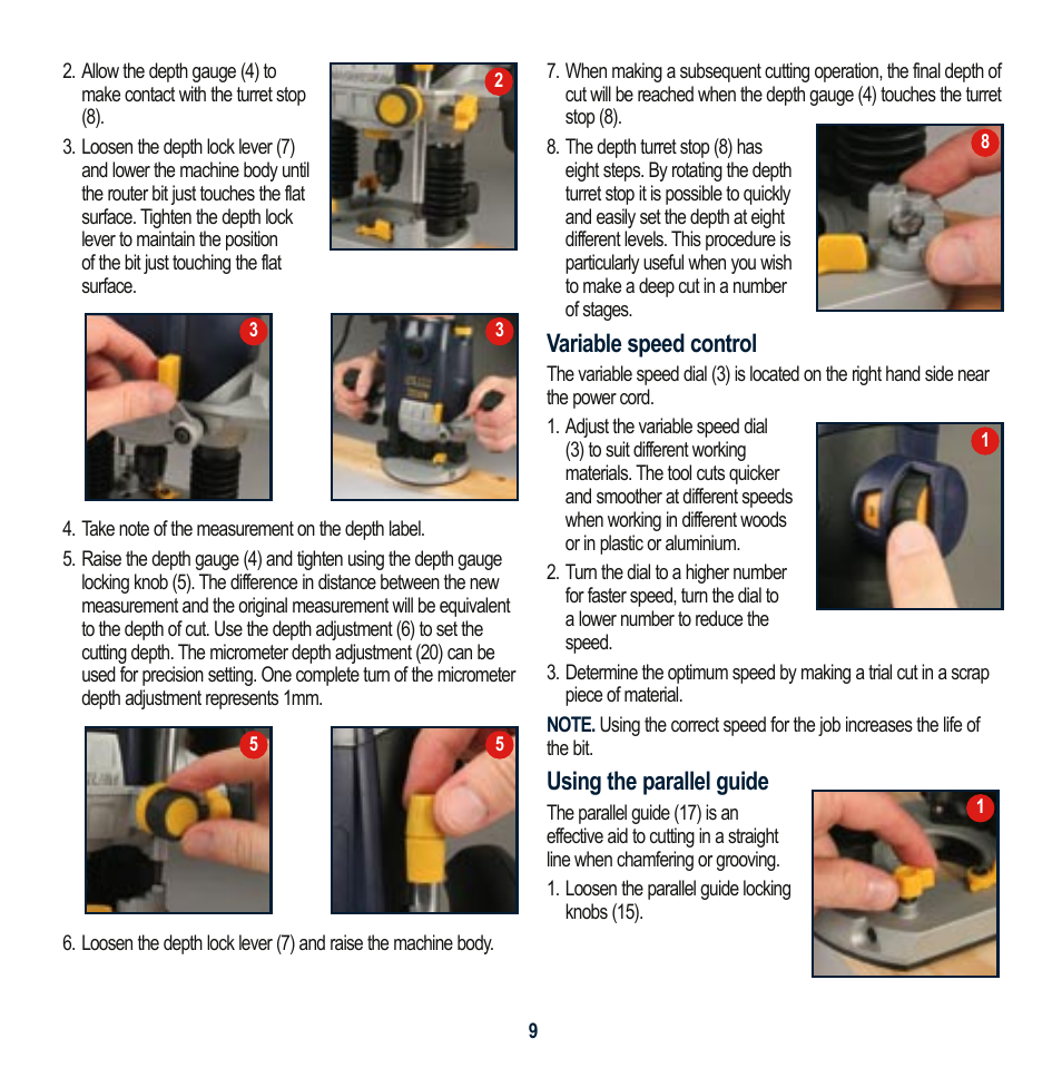 Variable speed control, Using the parallel guide | Global Machinery Company MAG2050R User Manual | Page 9 / 16