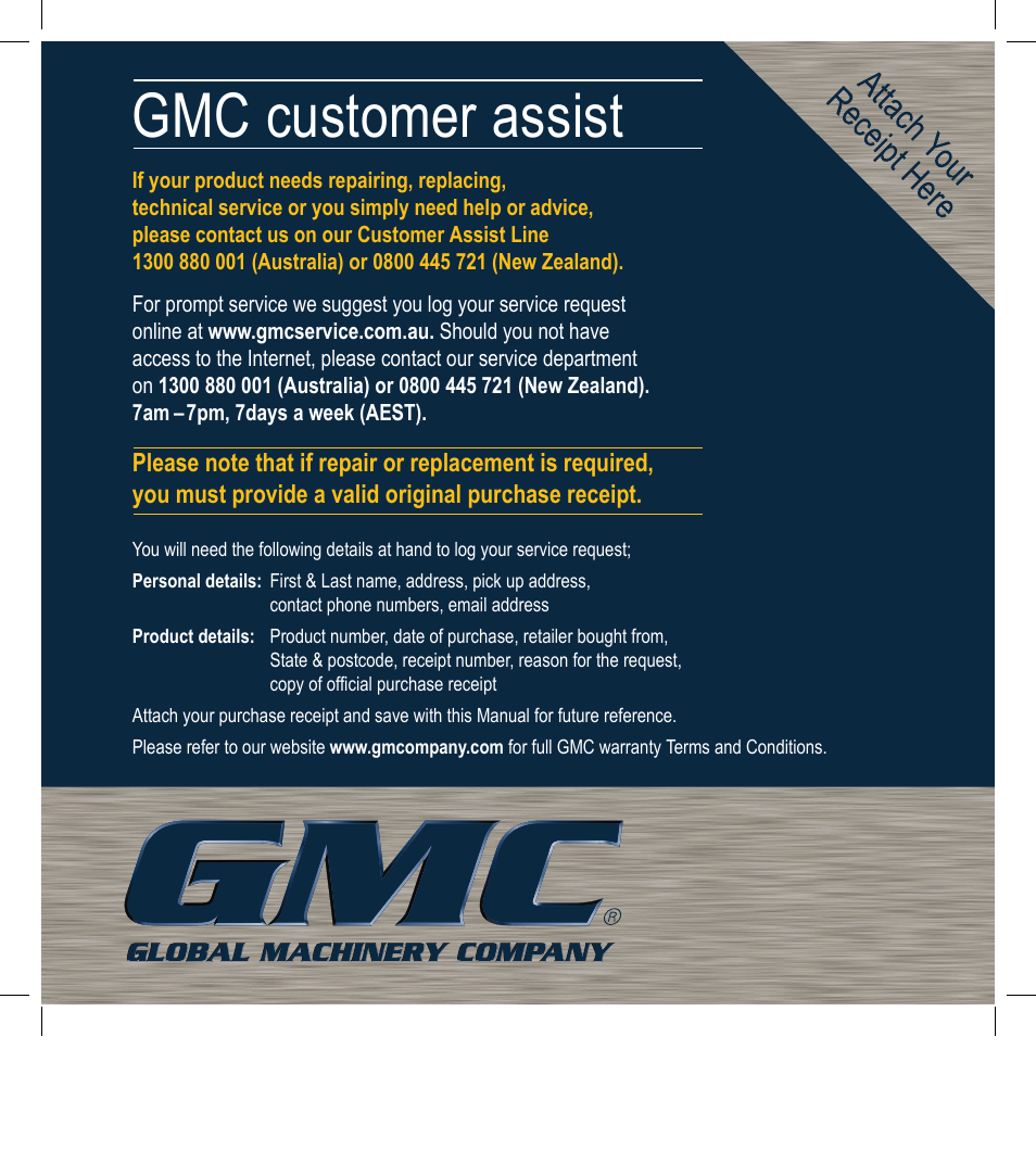 Gmc customer assist | Global Machinery Company BPB41 User Manual | Page 16 / 16