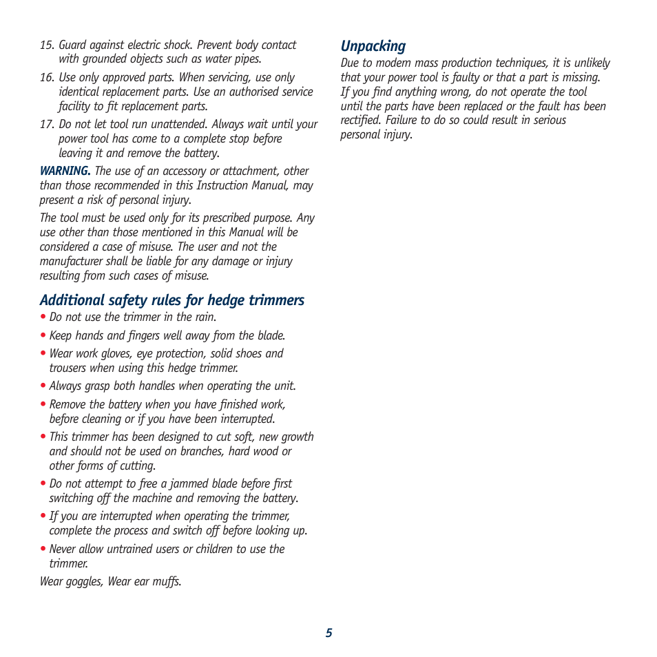 Additional safety rules for hedge trimmers, Unpacking | Global Machinery Company HT18V User Manual | Page 5 / 9