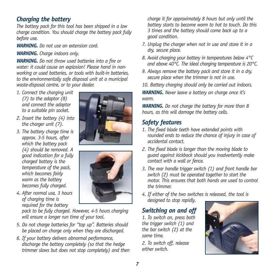 Charging the battery, Safety features, Switching on and off | Global Machinery Company HT18V User Manual | Page 7 / 9