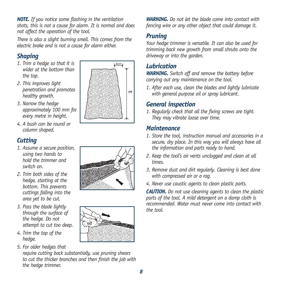 Shaping, Cutting, Pruning | Lubrication, General inspection, Maintenance | Global Machinery Company HT18V User Manual | Page 8 / 9