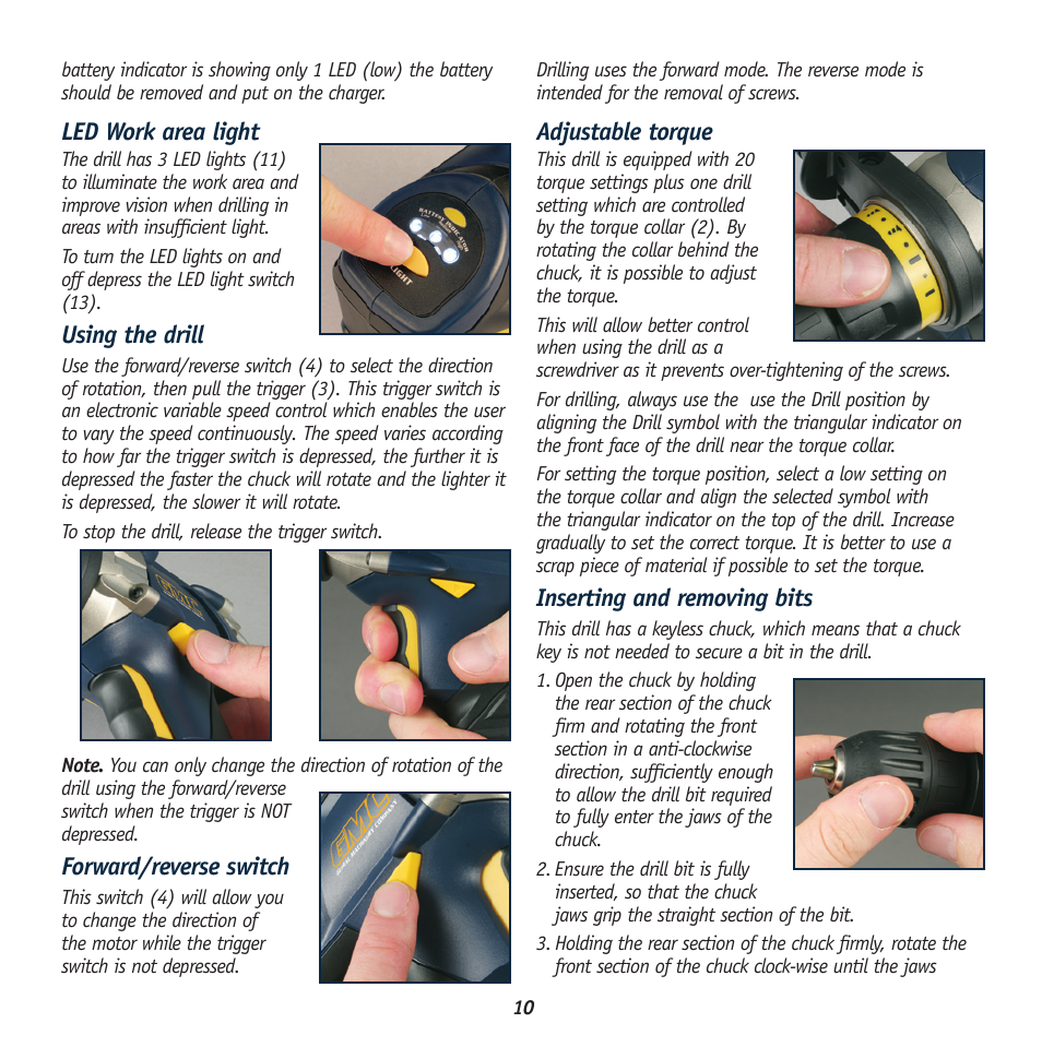 Led work area light, Using the drill, Forward/reverse switch | Adjustable torque, Inserting and removing bits | Global Machinery Company 443T User Manual | Page 10 / 12