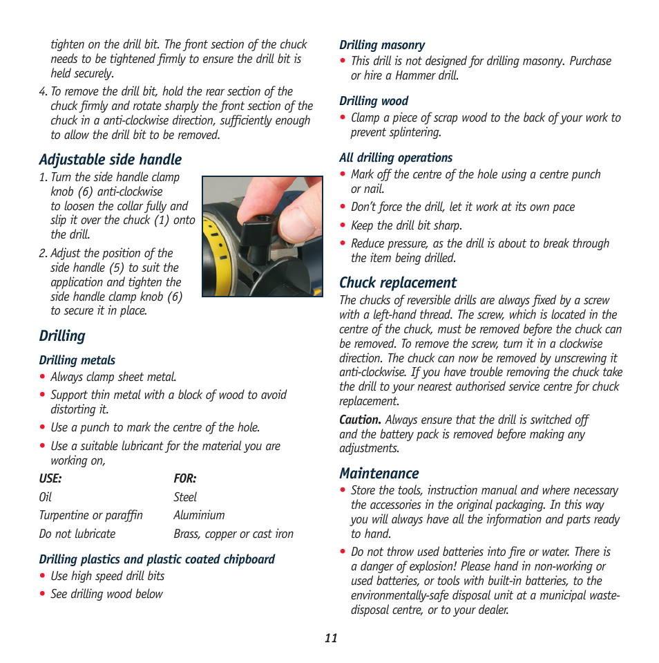 Adjustable side handle, Drilling, Chuck replacement | Maintenance | Global Machinery Company 443T User Manual | Page 11 / 12