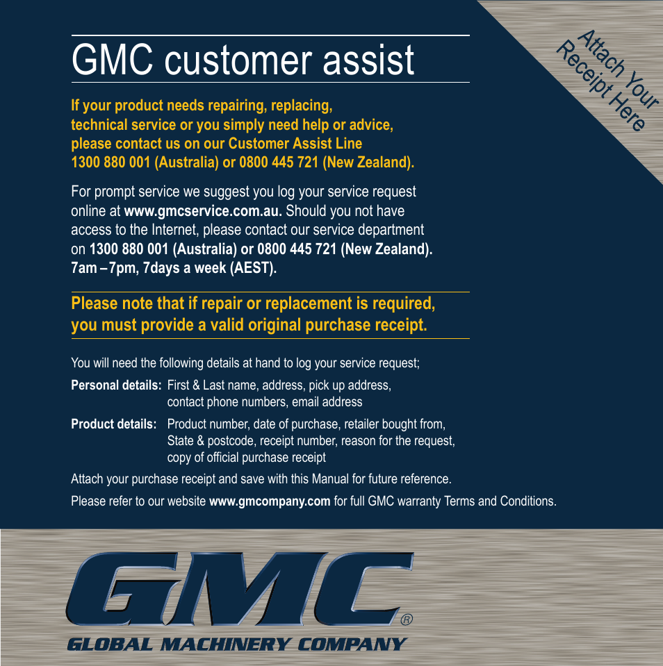 Gmc customer assist | Global Machinery Company 443T User Manual | Page 12 / 12