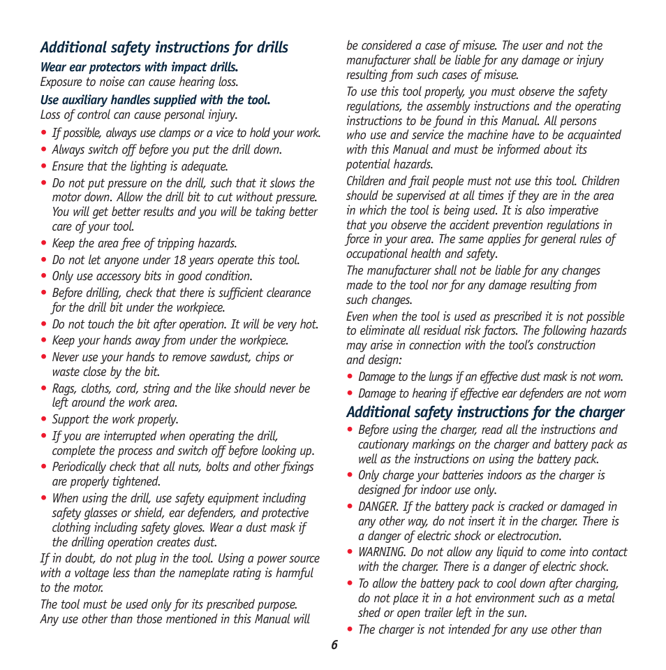 Additional safety instructions for drills, Additional safety instructions for the charger | Global Machinery Company 443T User Manual | Page 6 / 12