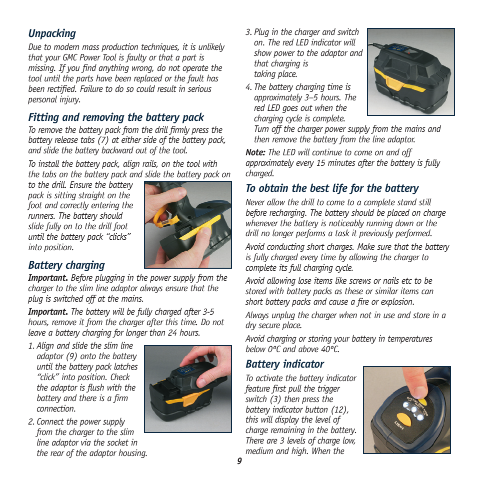 Unpacking, Fitting and removing the battery pack, Battery charging | Battery indicator | Global Machinery Company 443T User Manual | Page 9 / 12