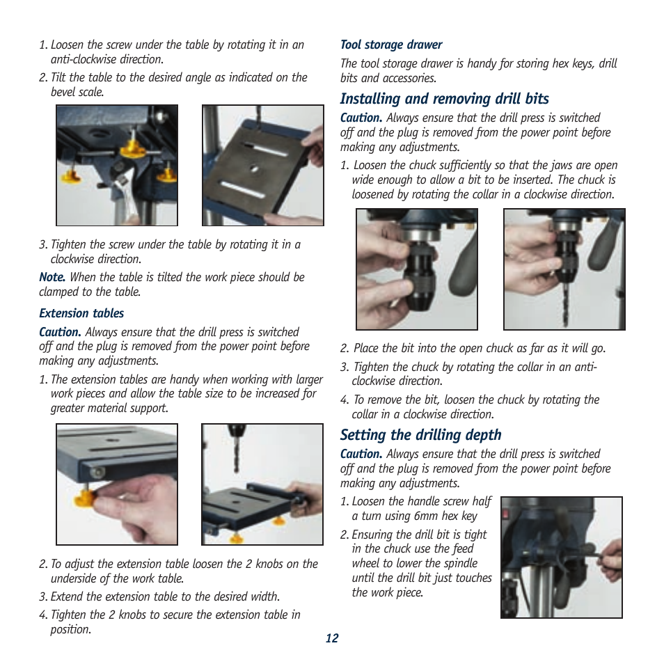 Installing and removing drill bits, Setting the drilling depth | Global Machinery Company LDP13B12 User Manual | Page 12 / 17