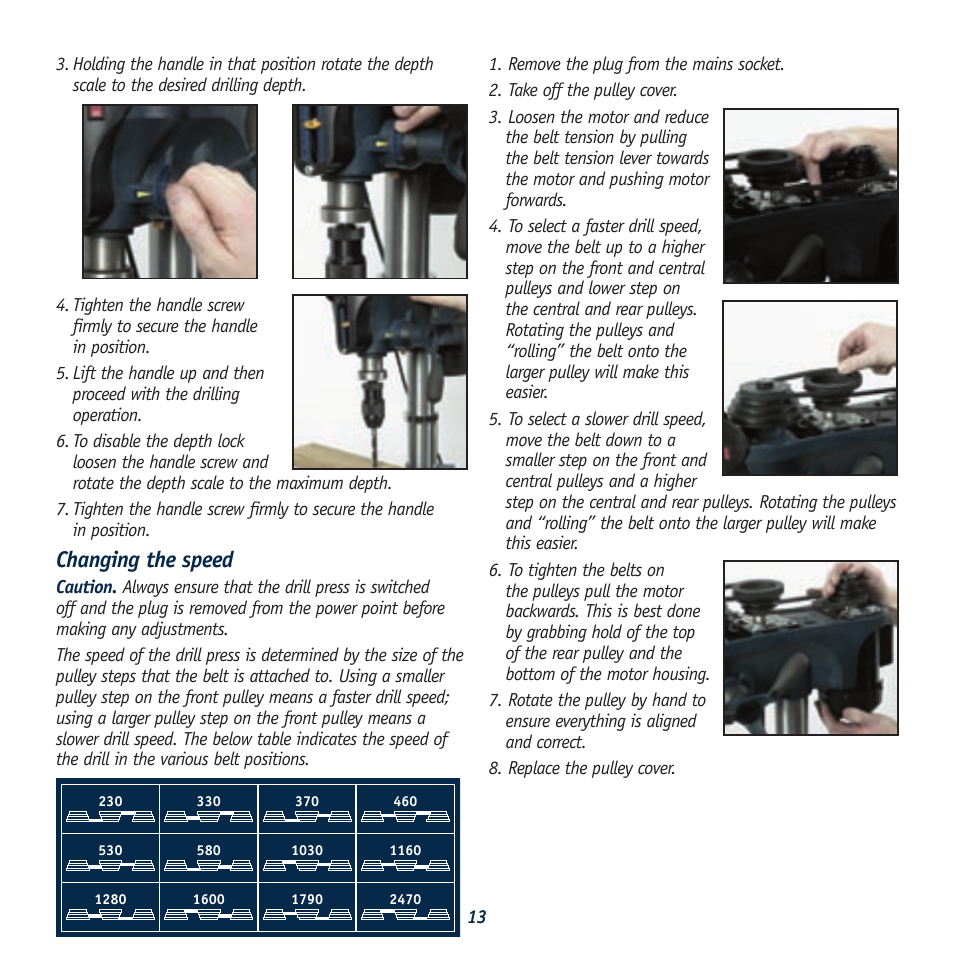 Rack & pinion, Redeye, Tool storage | 12 speed drill press, Changing the speed | Global Machinery Company LDP13B12 User Manual | Page 13 / 17