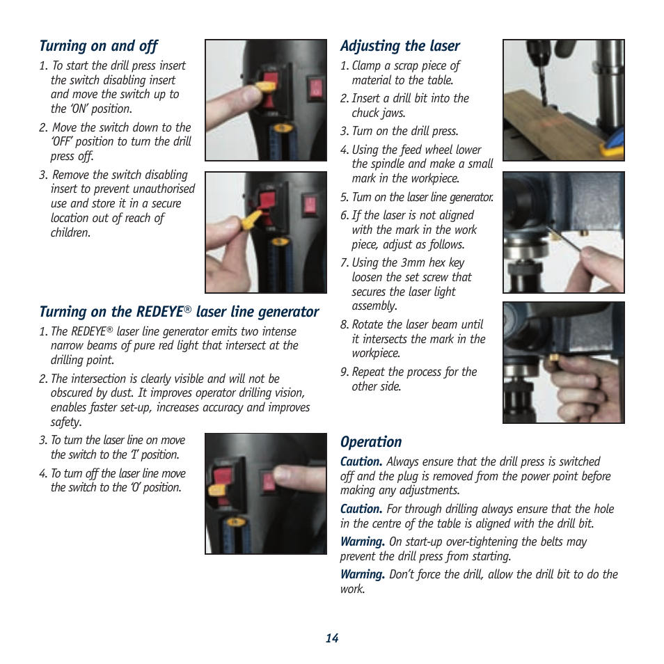 Turning on and off, Turning on the redeye® laser line generator, Adjusting the laser | Operation | Global Machinery Company LDP13B12 User Manual | Page 14 / 17