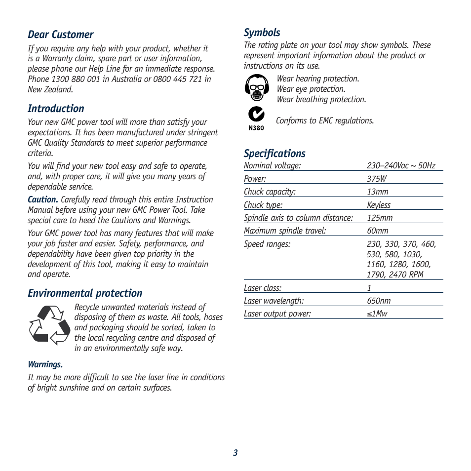 Symbols, Specifications, Dear customer | Introduction, Environmental protection | Global Machinery Company LDP13B12 User Manual | Page 3 / 17