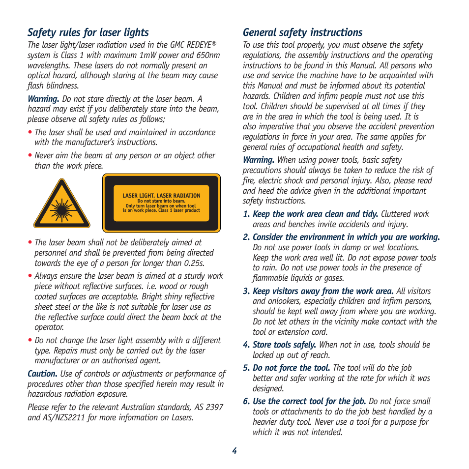 Safety rules for laser lights, General safety instructions | Global Machinery Company LDP13B12 User Manual | Page 4 / 17