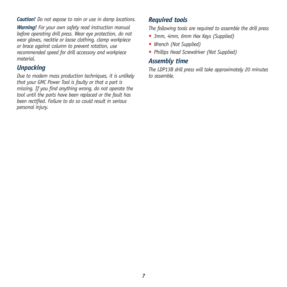 Unpacking, Required tools, Assembly time | Global Machinery Company LDP13B12 User Manual | Page 7 / 17