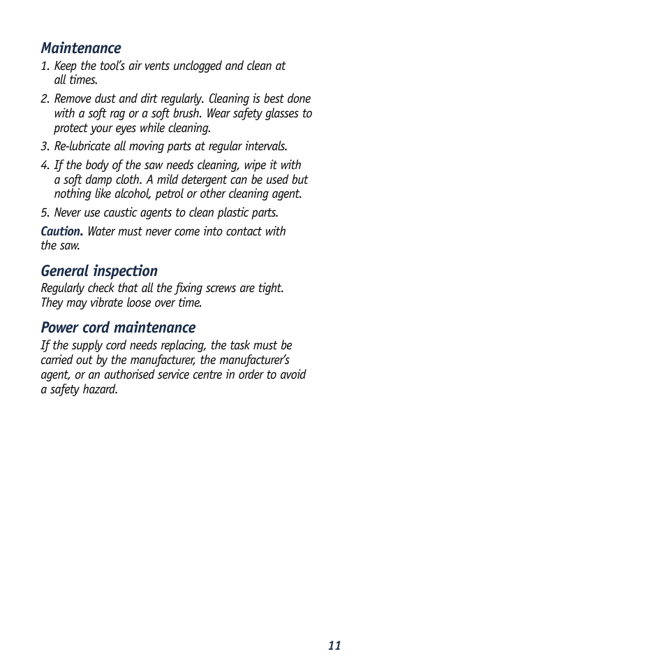 Maintenance, General inspection, Power cord maintenance | Global Machinery Company MX1275 User Manual | Page 11 / 12