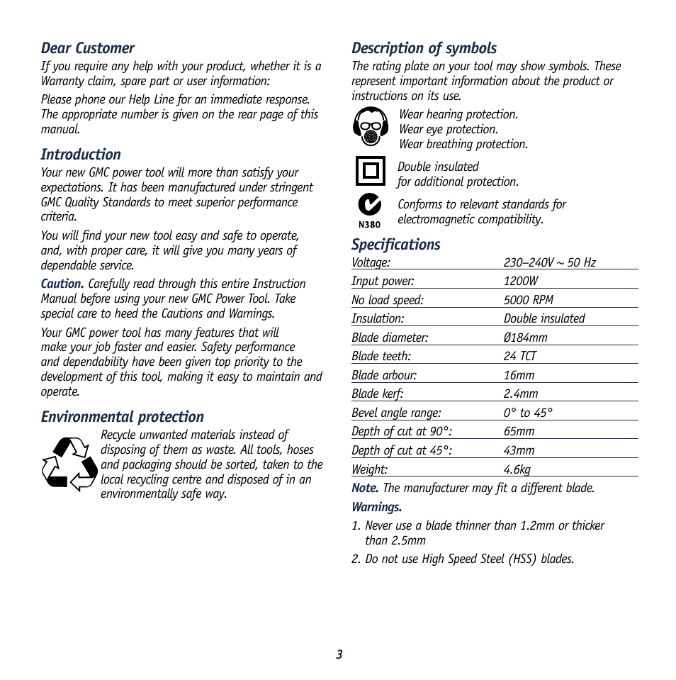 Dear customer, Introduction, Environmental protection | Description of symbols, Specifications | Global Machinery Company MX1275 User Manual | Page 3 / 12