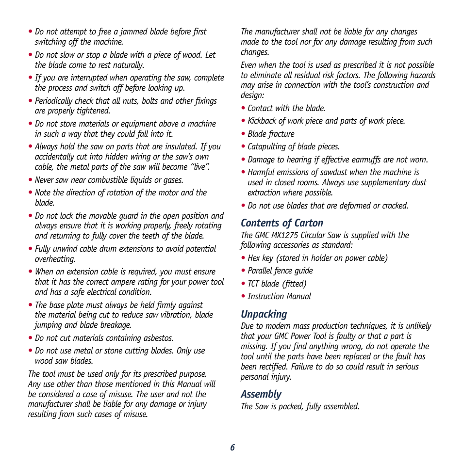 Contents of carton, Unpacking, Assembly | Global Machinery Company MX1275 User Manual | Page 6 / 12