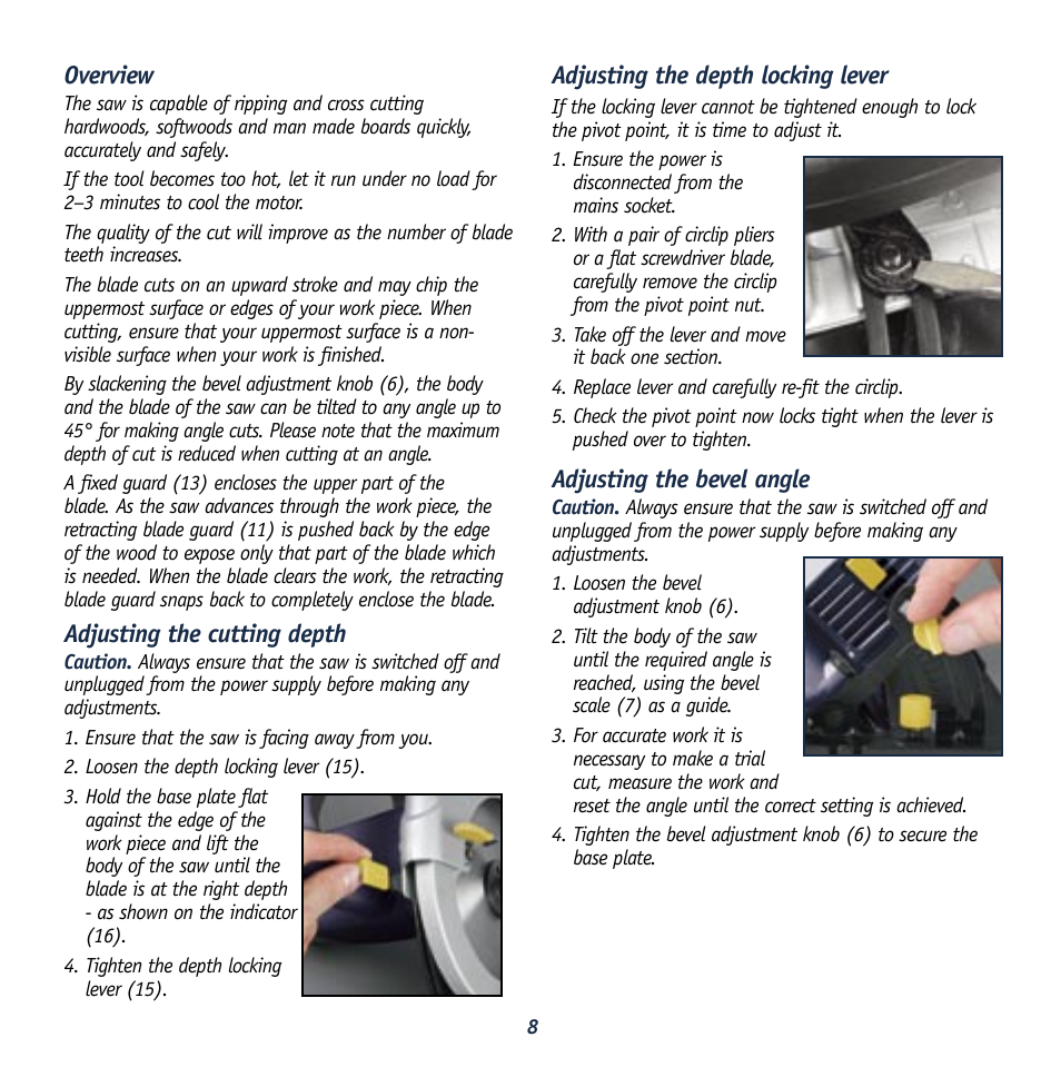 Overview, Adjusting the cutting depth, Adjusting the depth locking lever | Adjusting the bevel angle | Global Machinery Company MX1275 User Manual | Page 8 / 12