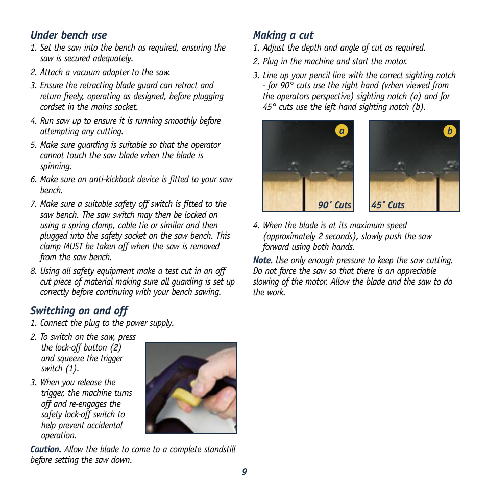 Under bench use, Switching on and off, Making a cut | Global Machinery Company MX1275 User Manual | Page 9 / 12