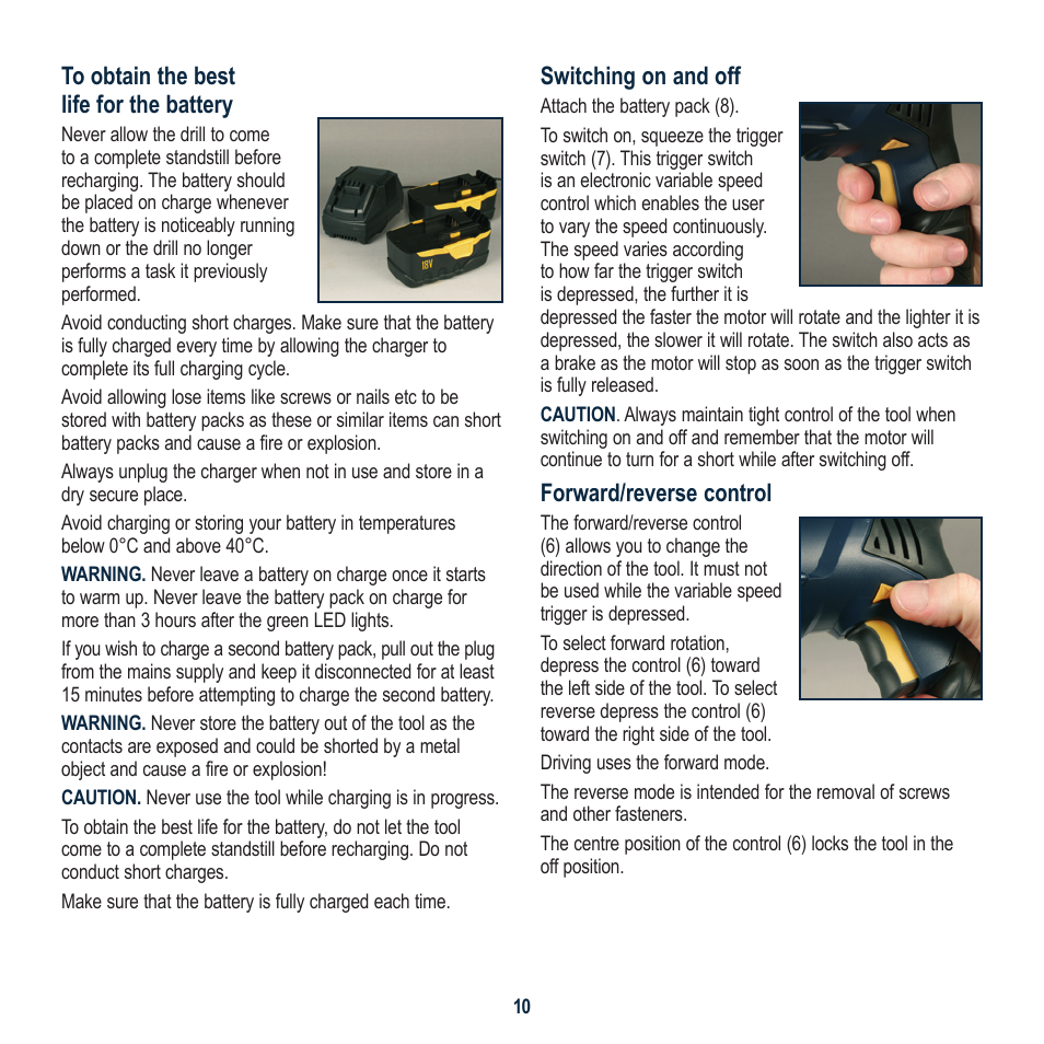Switching on and off, Forward/reverse control | Global Machinery Company SG18V User Manual | Page 10 / 16