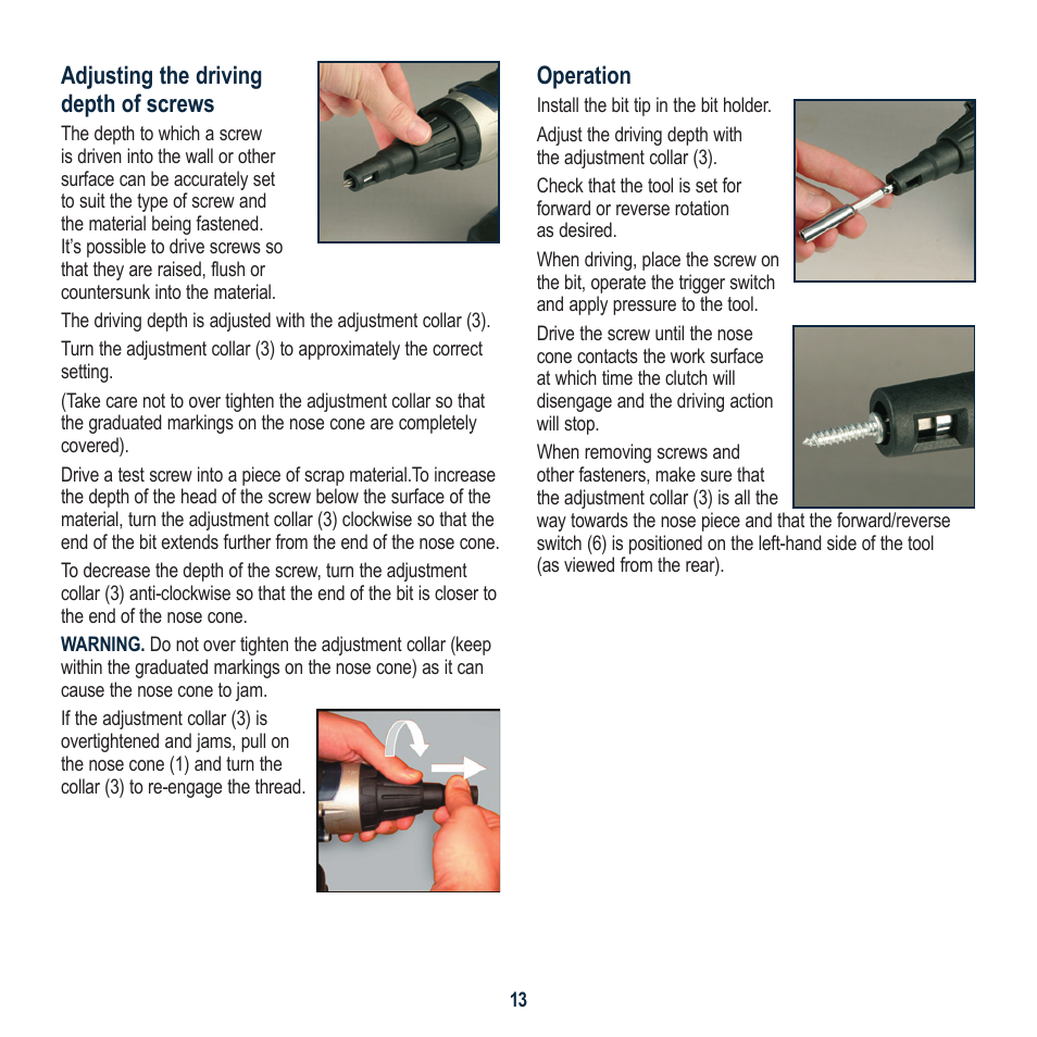 Adjusting the driving depth of screws, Operation | Global Machinery Company SG18V User Manual | Page 13 / 16