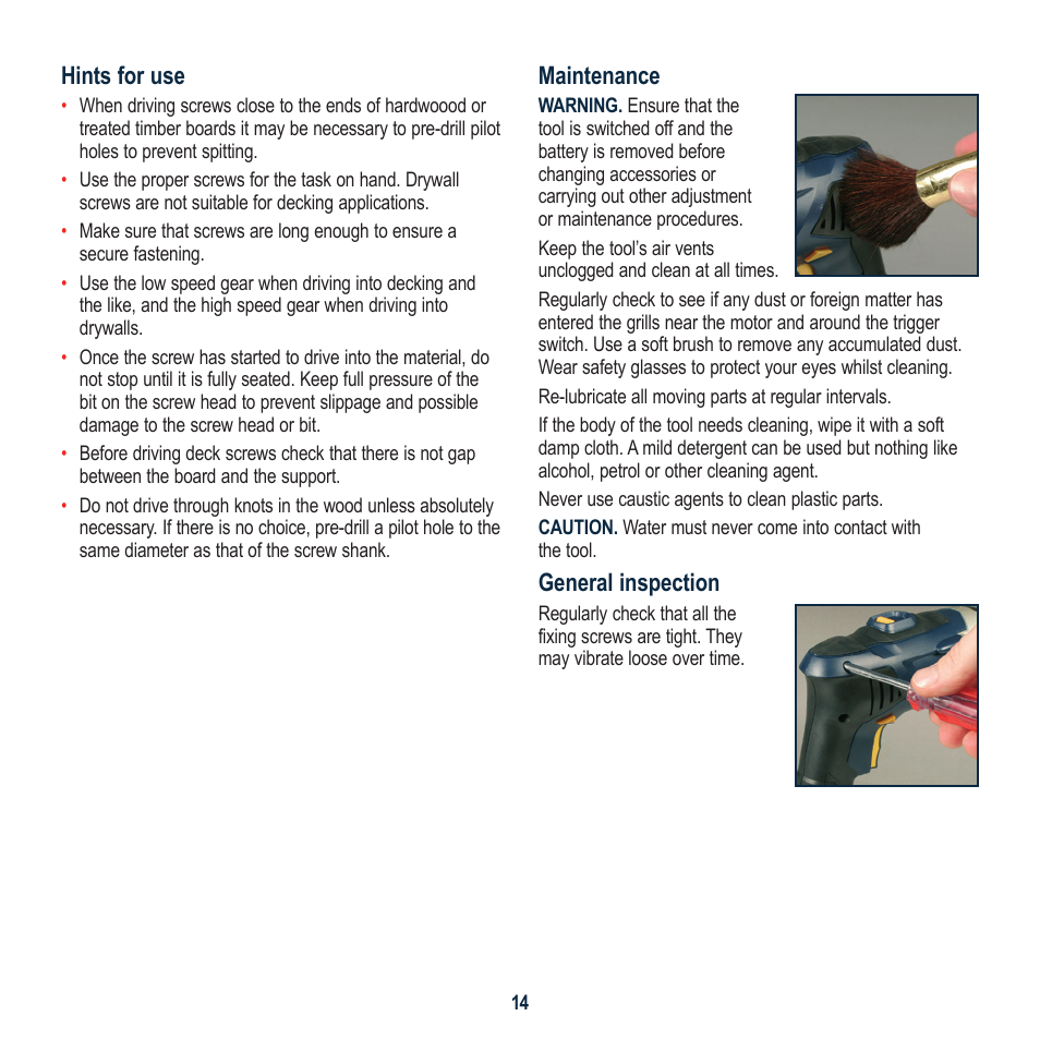 Hints for use, Maintenance, General inspection | Global Machinery Company SG18V User Manual | Page 14 / 16