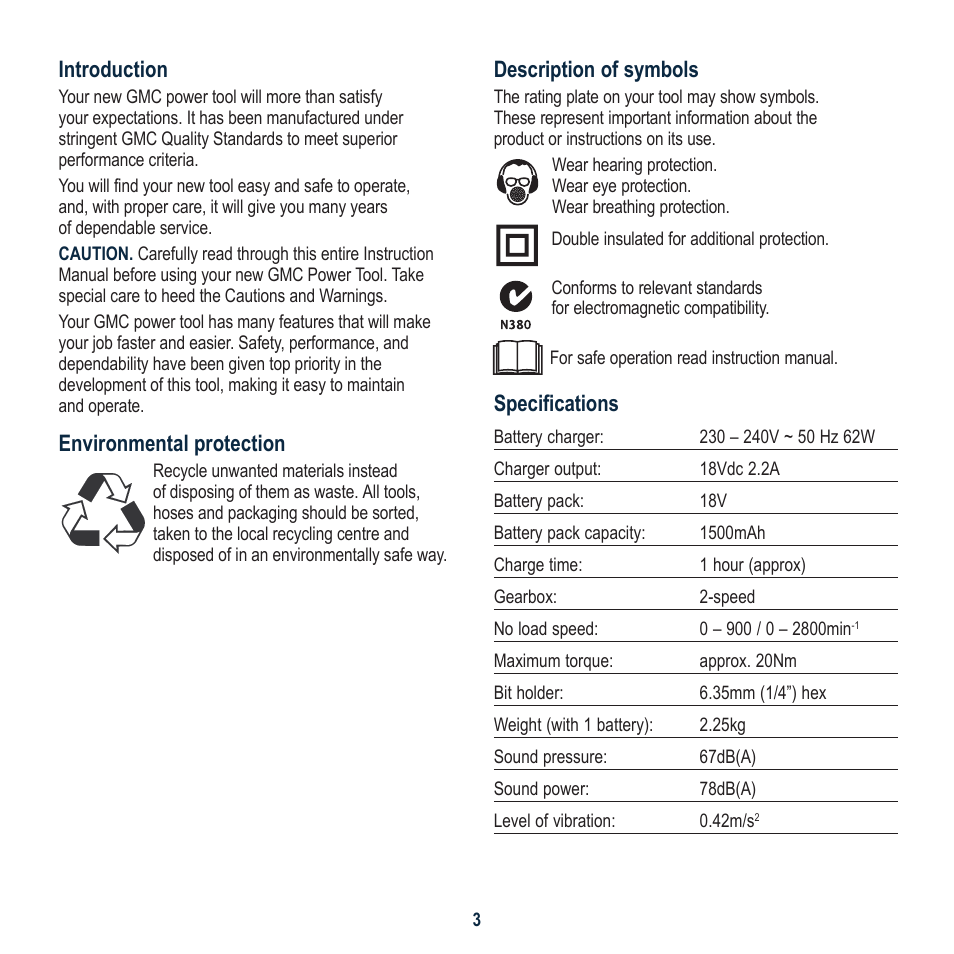 Description of symbols, Specifications, Introduction | Environmental protection | Global Machinery Company SG18V User Manual | Page 3 / 16