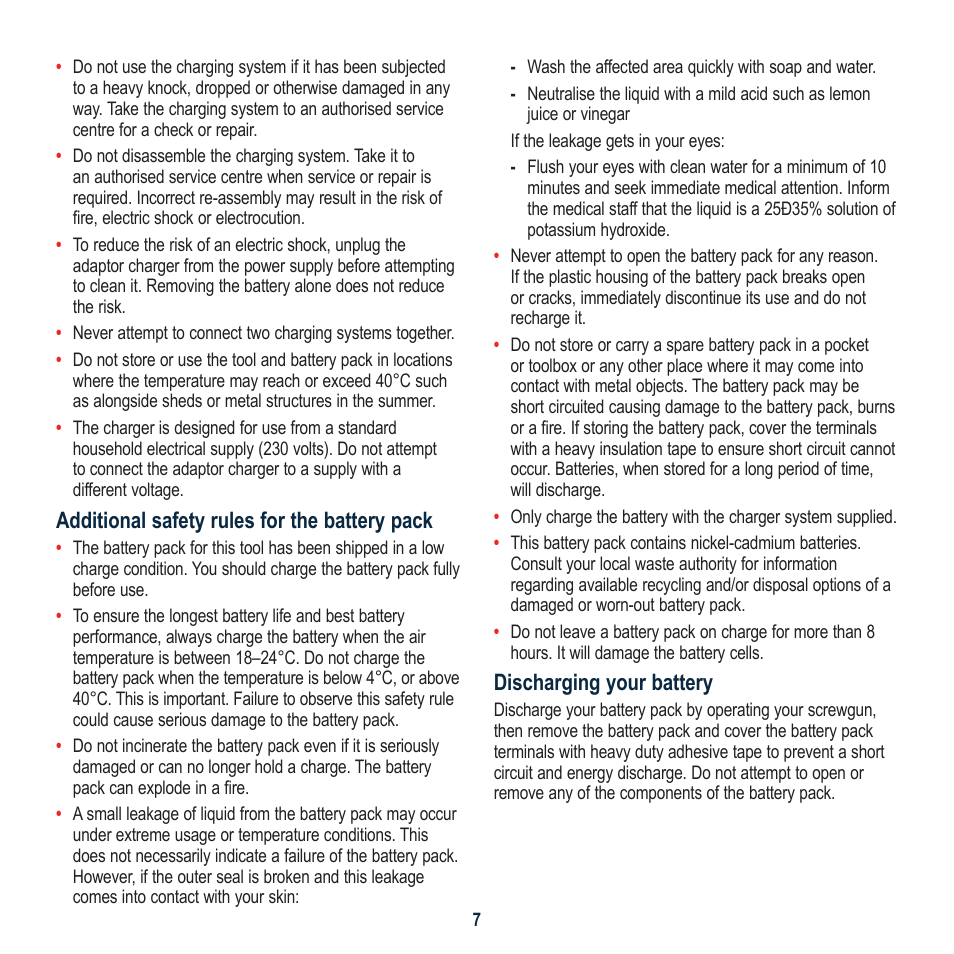 Additional safety rules for the battery pack, Discharging your battery | Global Machinery Company SG18V User Manual | Page 7 / 16