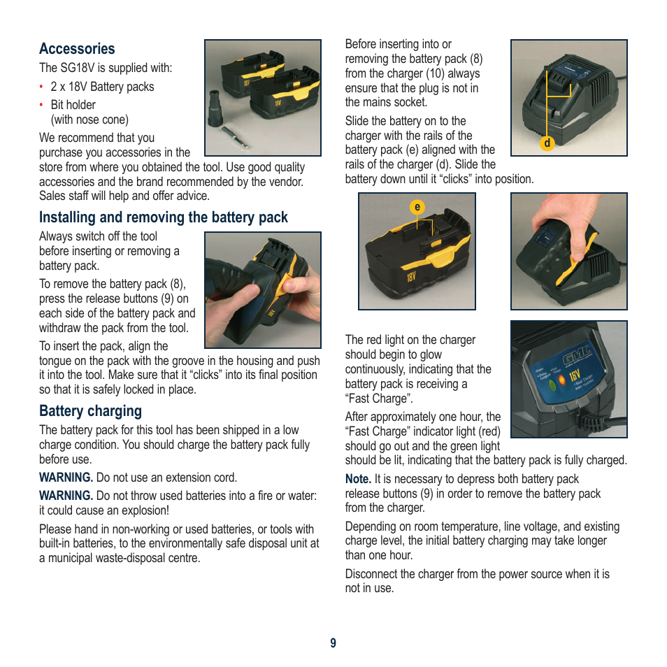 Accessories, Installing and removing the battery pack, Battery charging | Global Machinery Company SG18V User Manual | Page 9 / 16