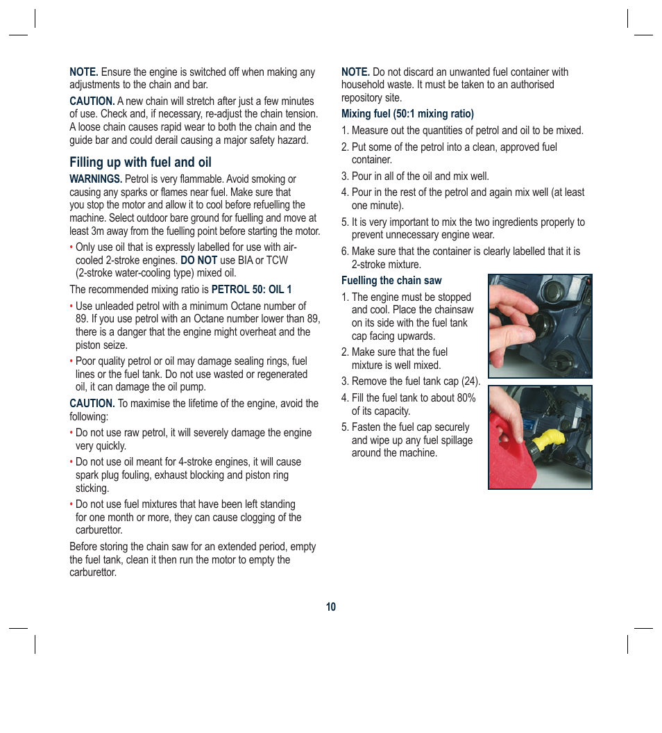 Filling up with fuel and oil | Global Machinery Company PCH37 User Manual | Page 10 / 20