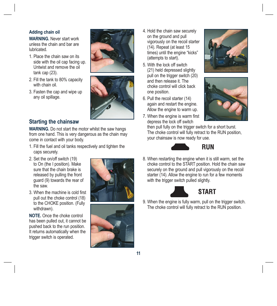 Starting the chainsaw | Global Machinery Company PCH37 User Manual | Page 11 / 20