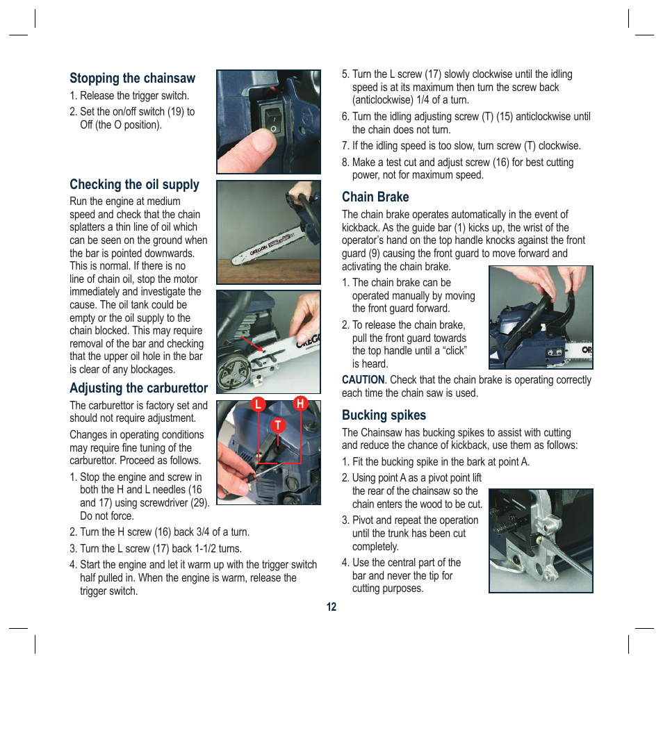 Stopping the chainsaw, Checking the oil supply, Adjusting the carburettor | Chain brake, Bucking spikes | Global Machinery Company PCH37 User Manual | Page 12 / 20
