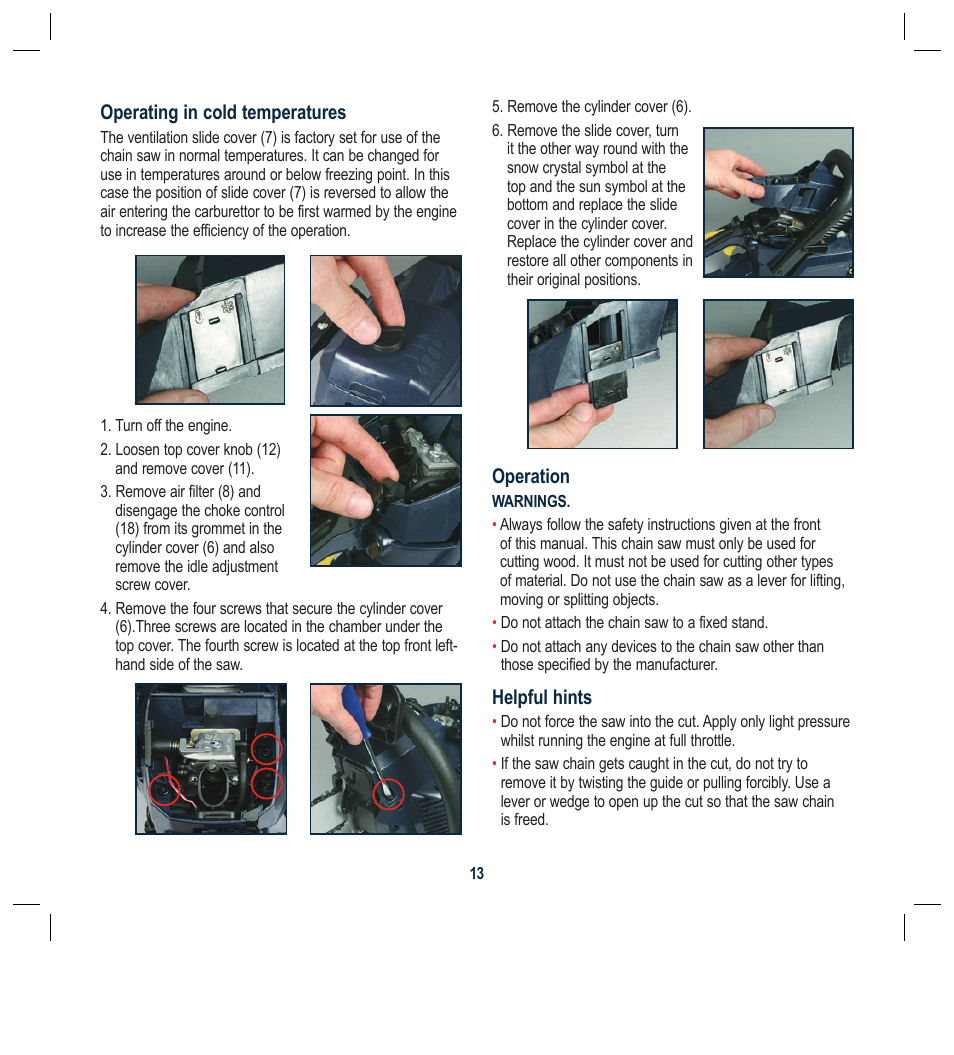 Operating in cold temperatures, Operation, Helpful hints | Global Machinery Company PCH37 User Manual | Page 13 / 20