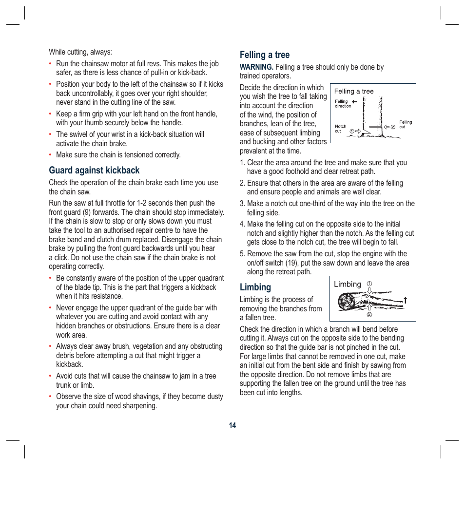 Guard against kickback, Felling a tree, Limbing | Global Machinery Company PCH37 User Manual | Page 14 / 20