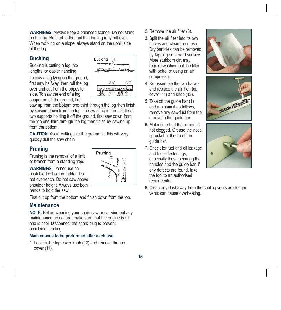 Bucking, Pruning, Maintenance | Global Machinery Company PCH37 User Manual | Page 15 / 20