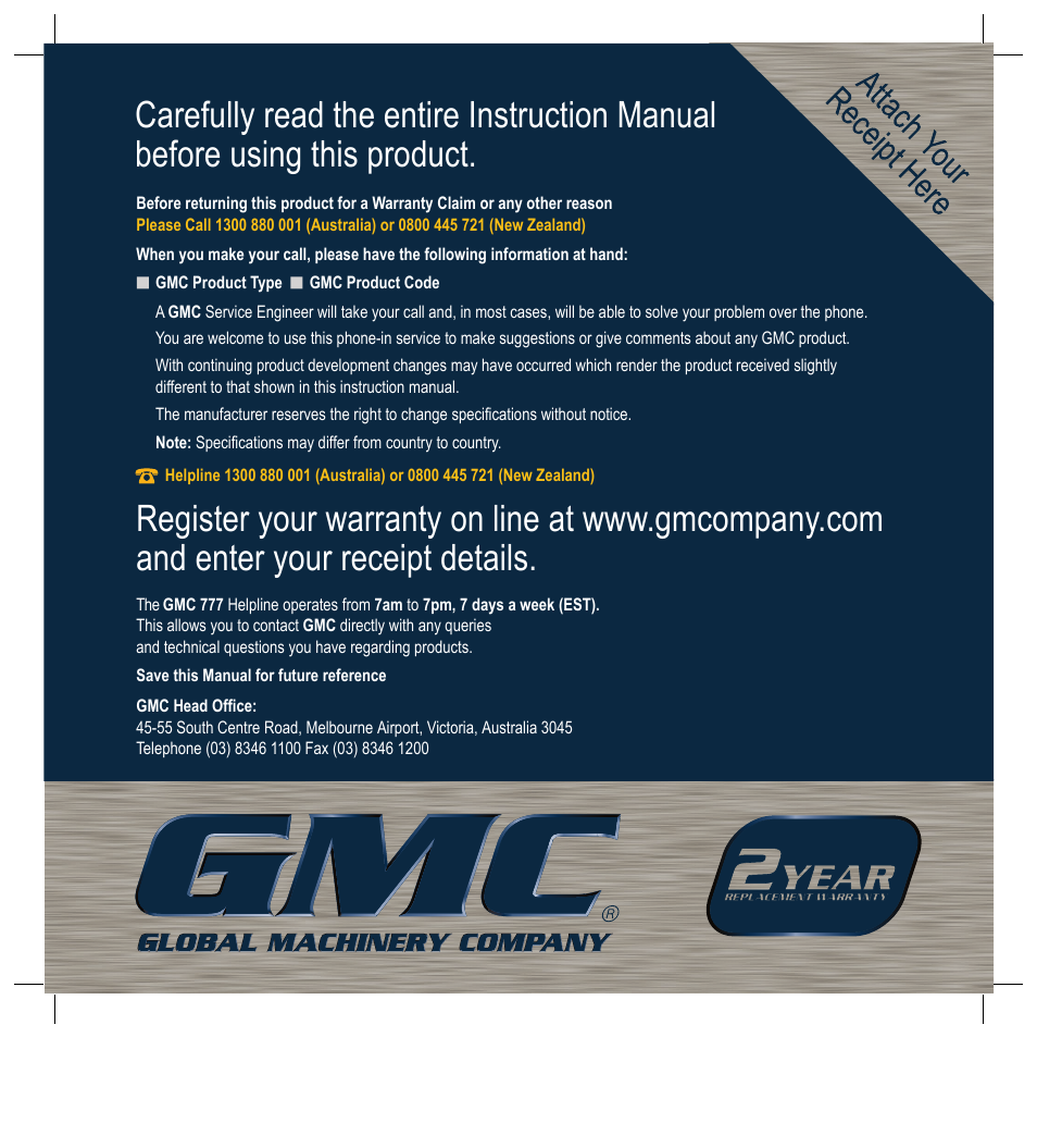 Global Machinery Company PCH37 User Manual | Page 20 / 20