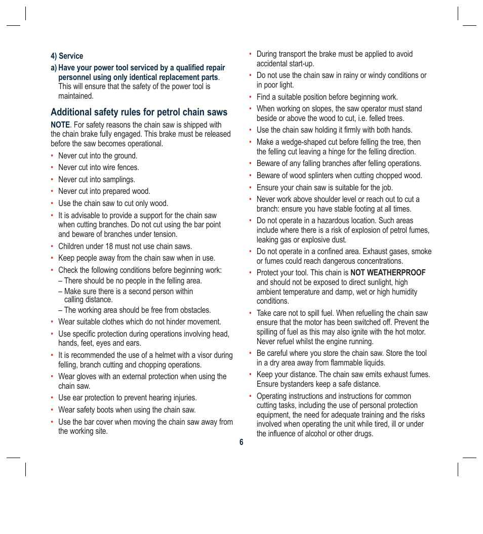 Additional safety rules for petrol chain saws | Global Machinery Company PCH37 User Manual | Page 6 / 20