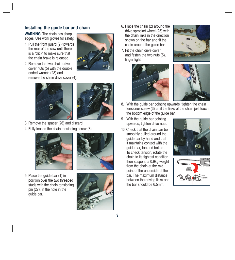 Installing the guide bar and chain | Global Machinery Company PCH37 User Manual | Page 9 / 20
