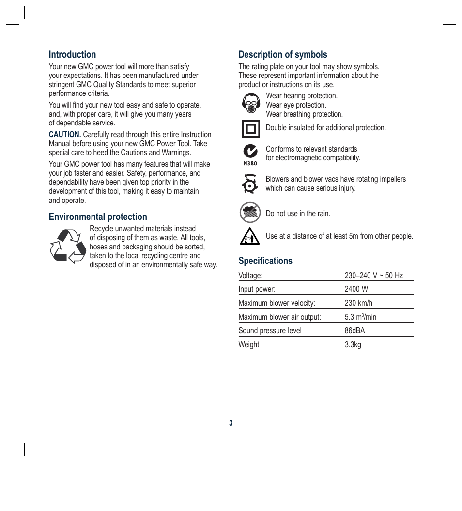 Description of symbols, Specifications, Introduction | Environmental protection | Global Machinery Company BL5000A User Manual | Page 3 / 12