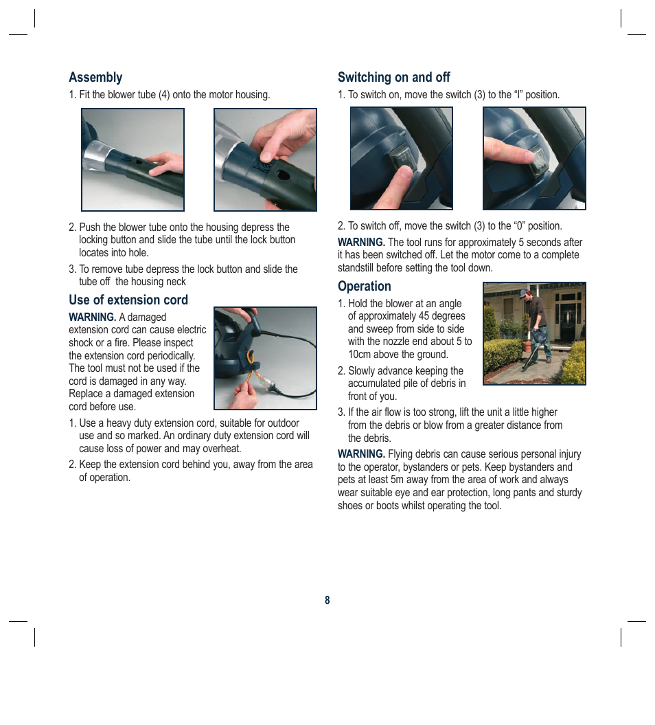 Assembly, Use of extension cord, Switching on and off | Operation | Global Machinery Company BL5000A User Manual | Page 8 / 12
