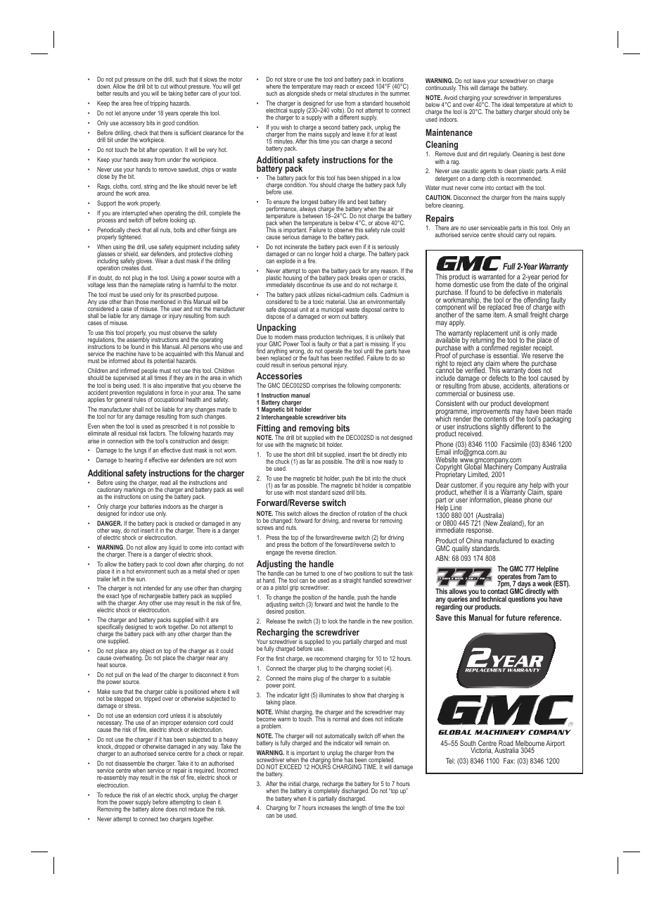 Additional safety instructions for the charger, Unpacking, Accessories | Fitting and removing bits, Forward/reverse switch, Adjusting the handle, Recharging the screwdriver, Maintenance cleaning, Repairs | Global Machinery Company DEC002SD User Manual | Page 2 / 2