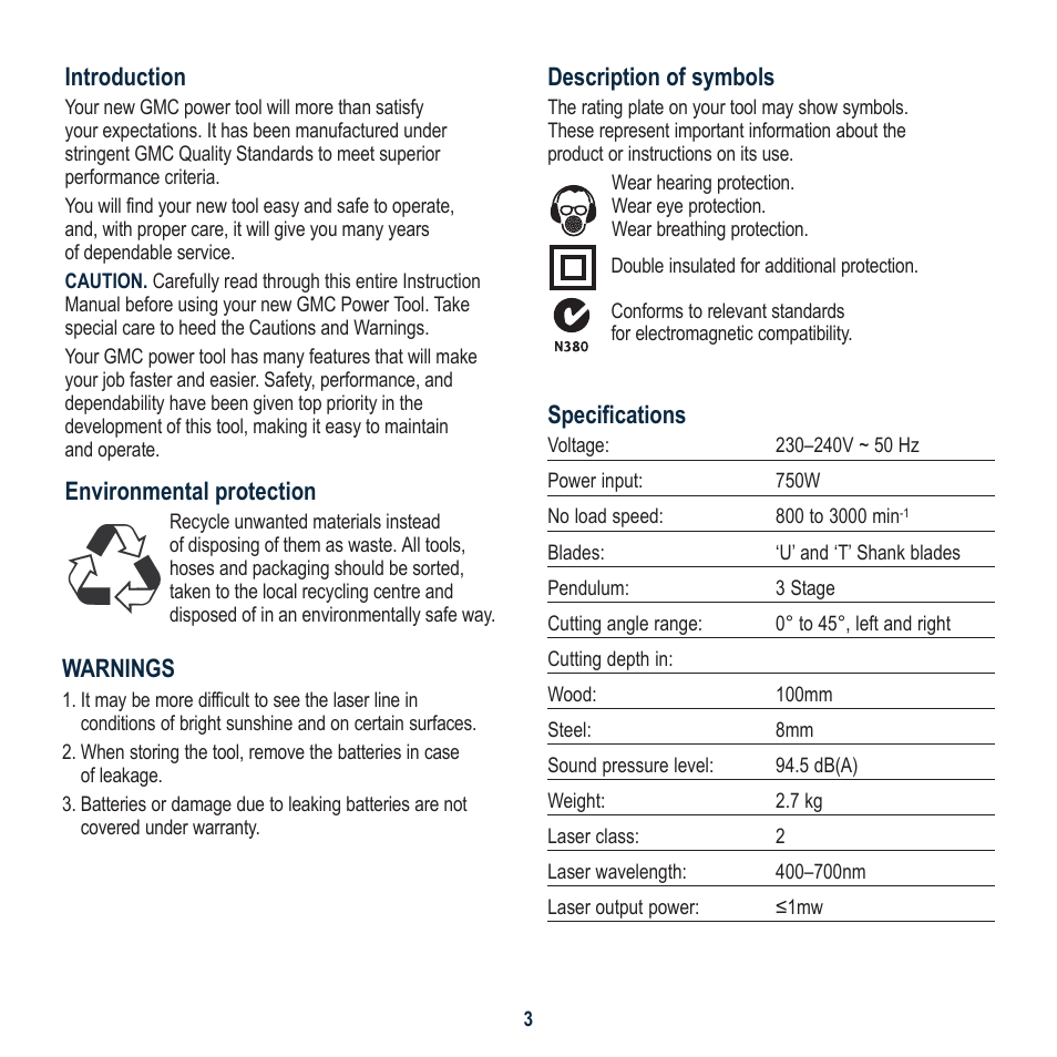 Description of symbols, Specifications, Introduction | Environmental protection, Warnings | Global Machinery Company LS750P JM User Manual | Page 3 / 12
