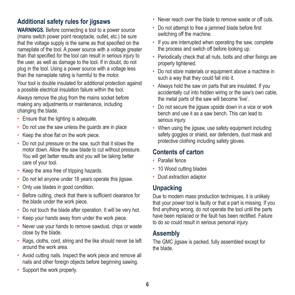 Additional safety rules for jigsaws, Contents of carton, Unpacking | Assembly | Global Machinery Company LS750P JM User Manual | Page 6 / 12