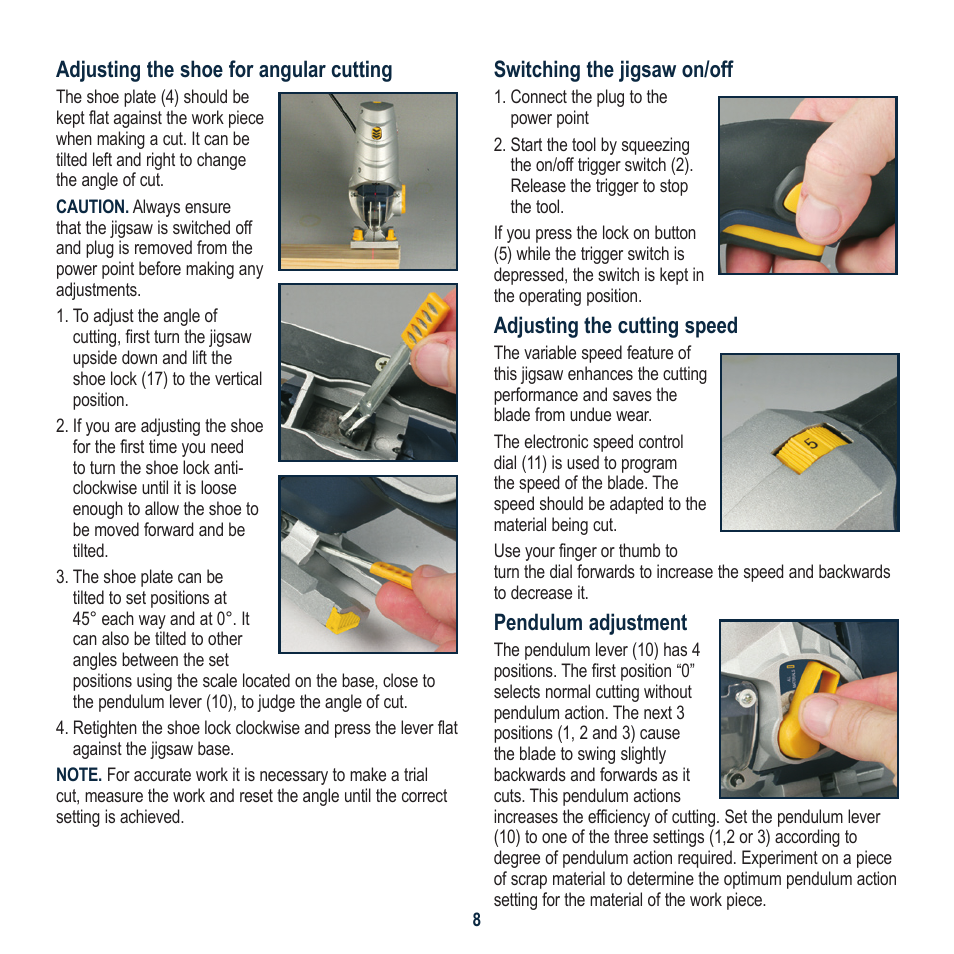 Adjusting the shoe for angular cutting, Switching the jigsaw on/off, Adjusting the cutting speed | Pendulum adjustment | Global Machinery Company LS750P JM User Manual | Page 8 / 12