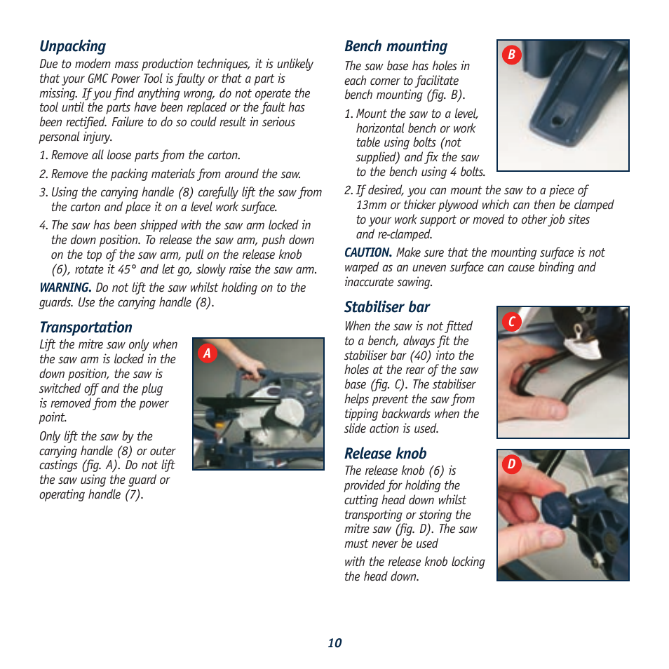 Unpacking, Transportation, Bench mounting | Stabiliser bar, Release knob | Global Machinery Company REDEYE DB305SMS User Manual | Page 10 / 24