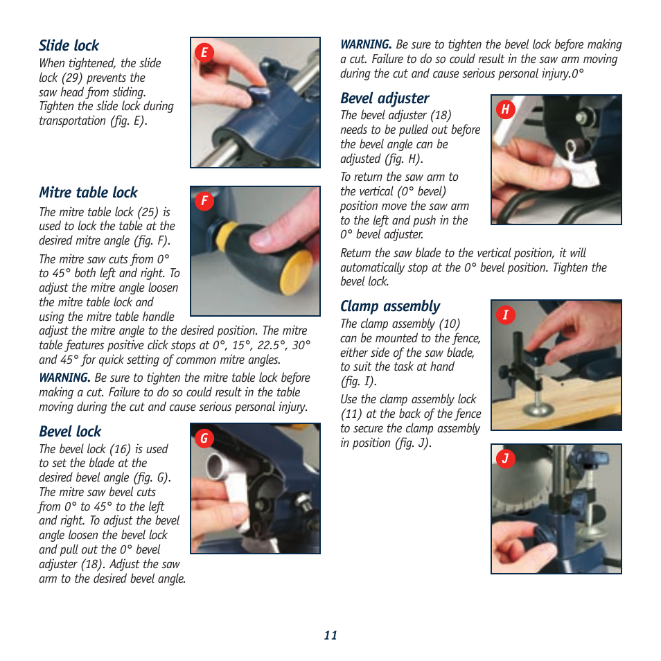 Slide lock, Mitre table lock, Bevel lock | Bevel adjuster, Clamp assembly | Global Machinery Company REDEYE DB305SMS User Manual | Page 11 / 24