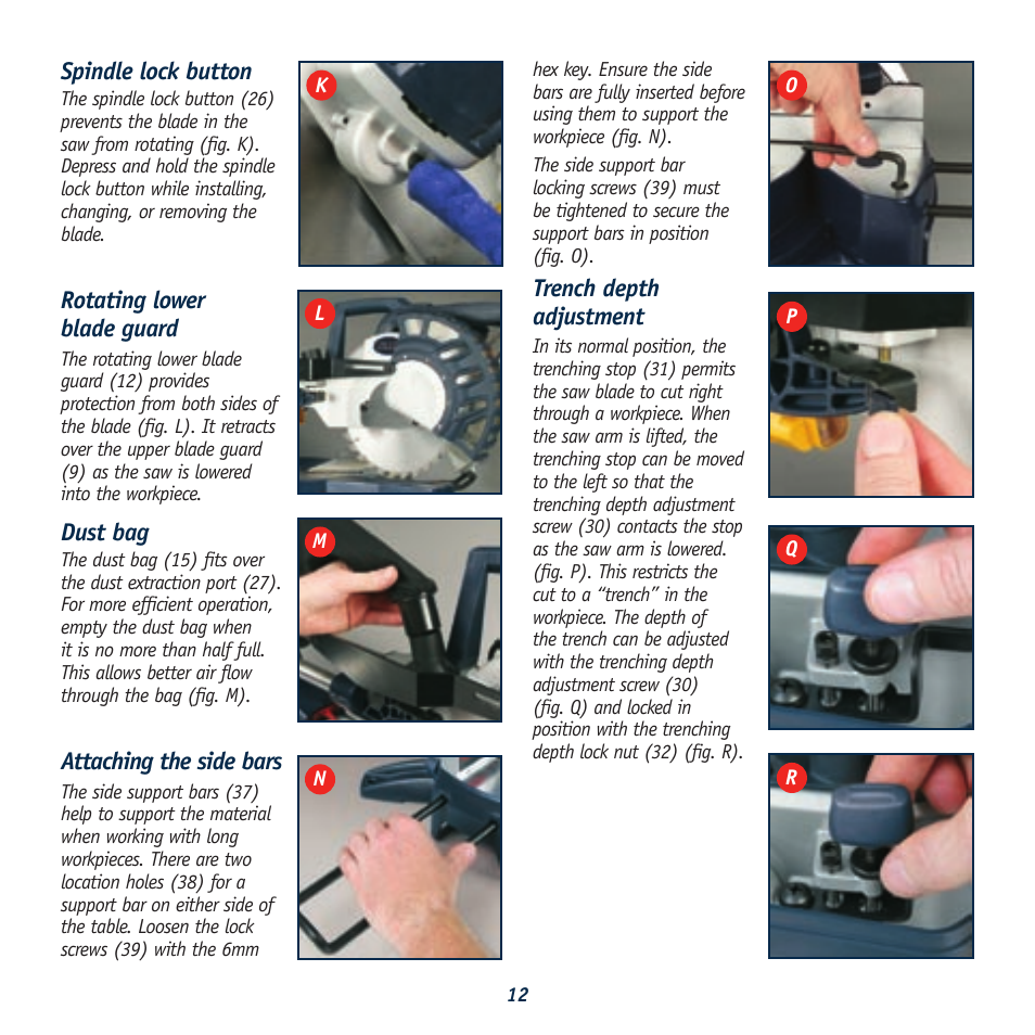 Spindle lock button, Rotating lower blade guard, Dust bag | Attaching the side bars, Trench depth adjustment | Global Machinery Company REDEYE DB305SMS User Manual | Page 12 / 24