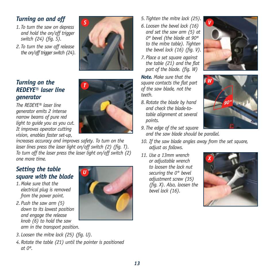 Turning on and off, Turning on the redeye® laser line generator, Setting the table square with the blade | Global Machinery Company REDEYE DB305SMS User Manual | Page 13 / 24