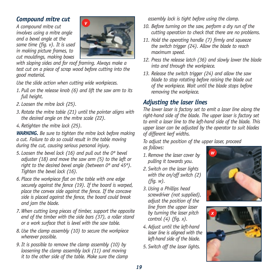 Compound mitre cut, Adjusting the laser lines | Global Machinery Company REDEYE DB305SMS User Manual | Page 19 / 24