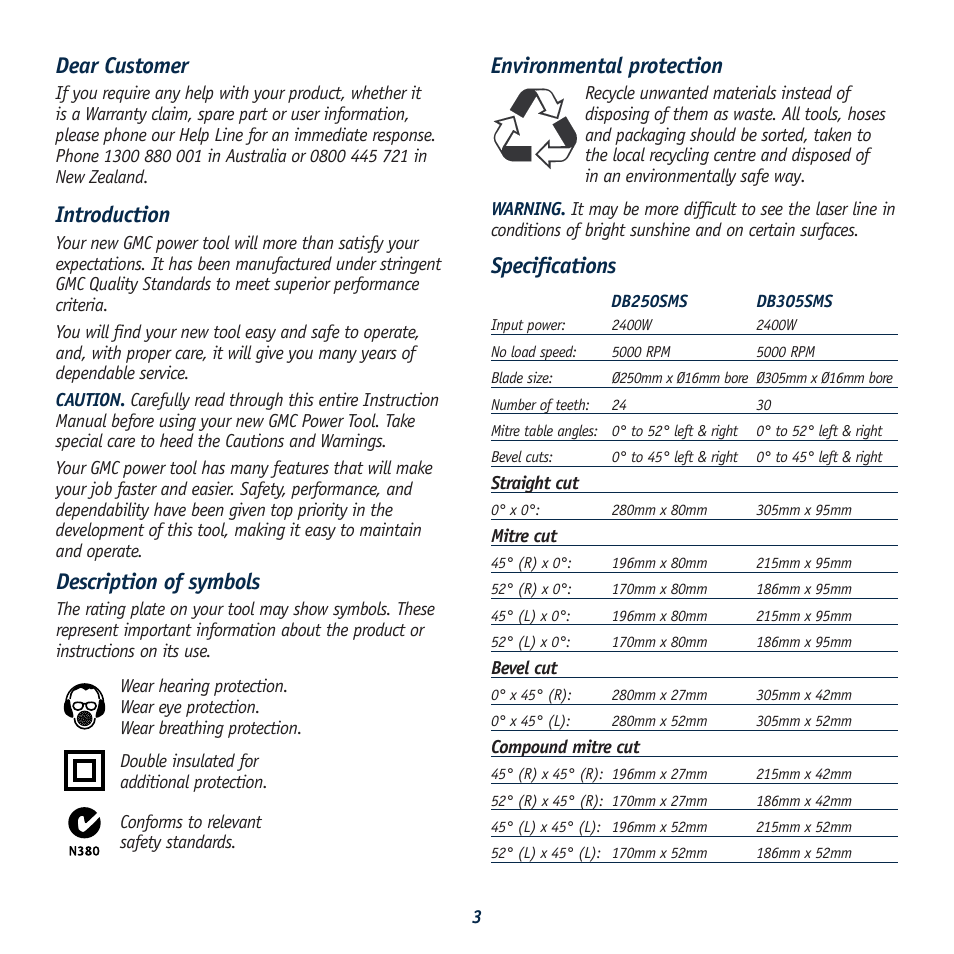 Description of symbols, Specifications, Dear customer | Introduction, Environmental protection | Global Machinery Company REDEYE DB305SMS User Manual | Page 3 / 24