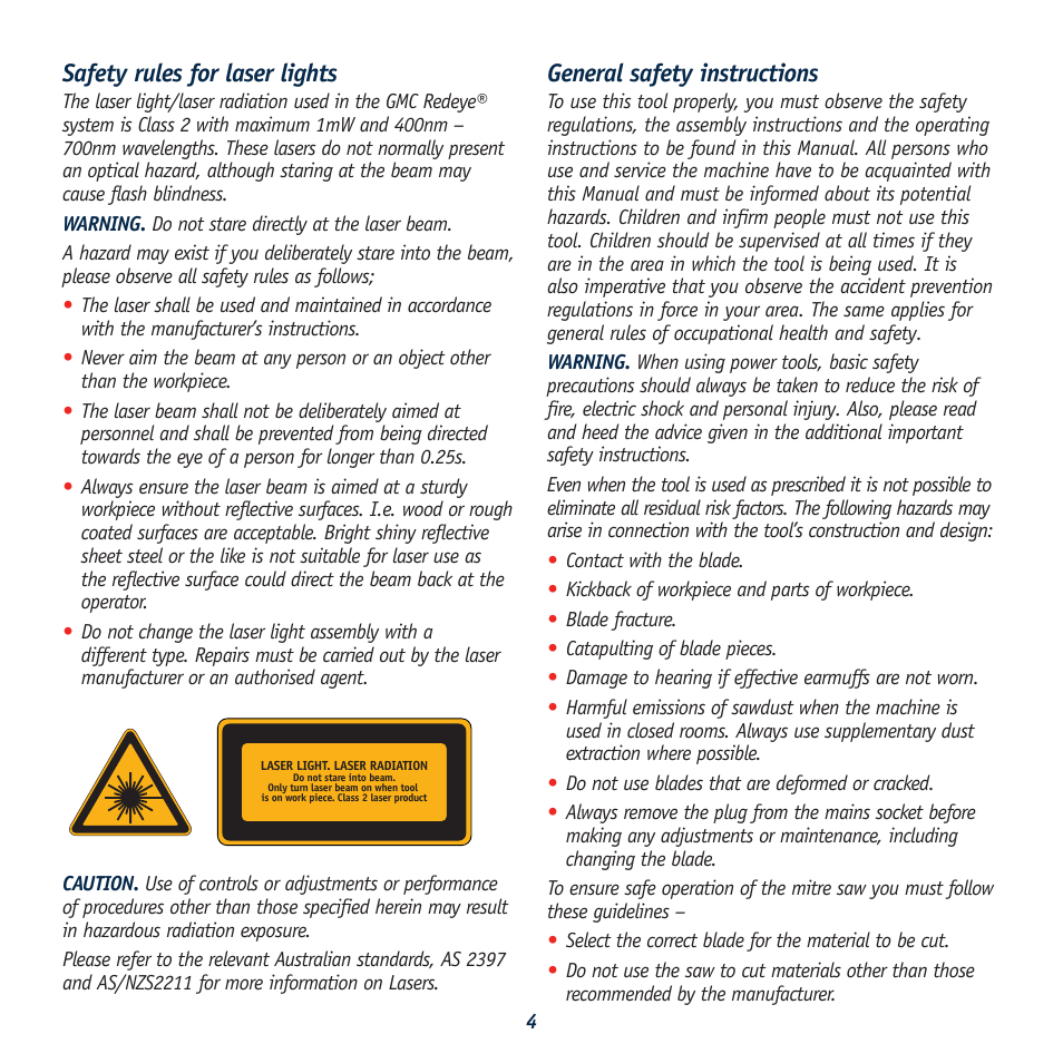 Safety rules for laser lights, General safety instructions | Global Machinery Company REDEYE DB305SMS User Manual | Page 4 / 24