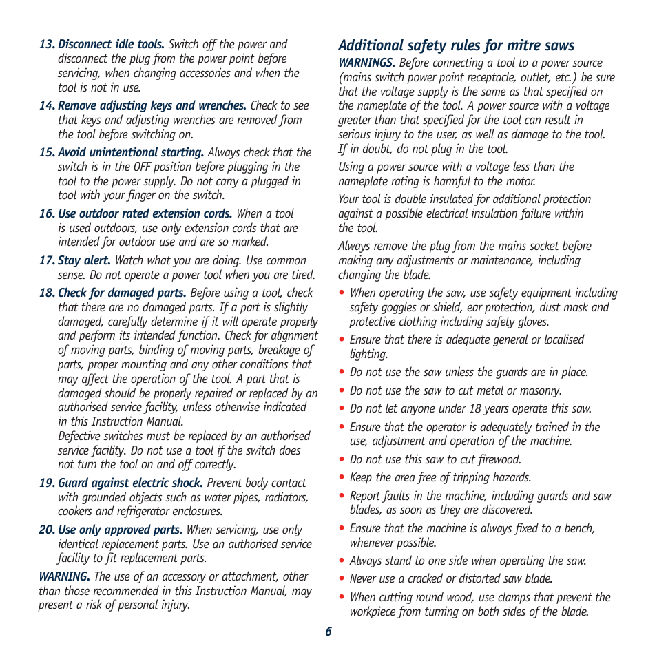 Additional safety rules for mitre saws | Global Machinery Company REDEYE DB305SMS User Manual | Page 6 / 24